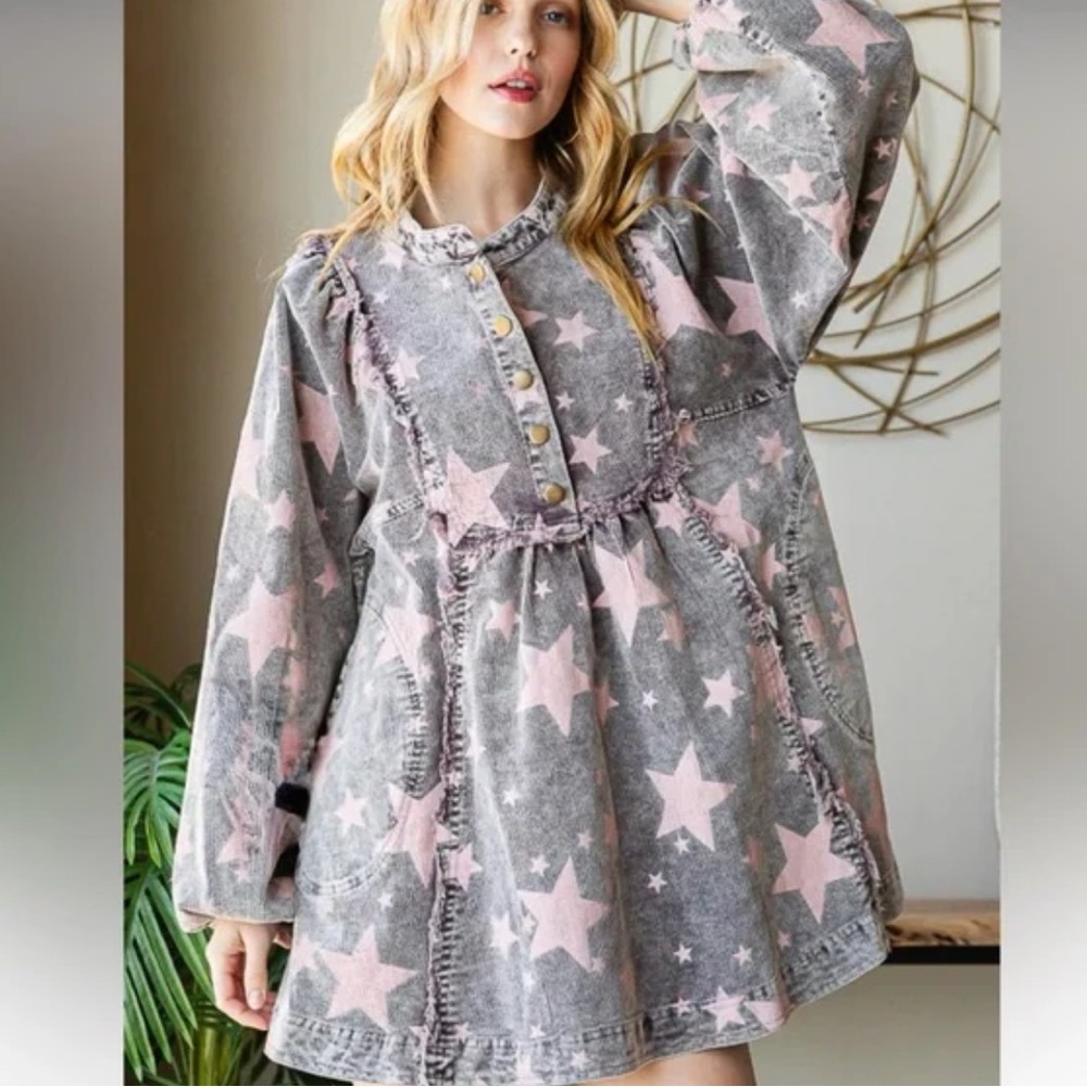 Oli & Hali Star corduroy dress Pink Gray Patterned Button-Up pocket babydoll